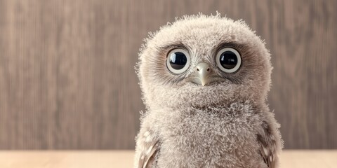 Obraz premium Cute Baby Owl With Big Eyes and Soft Feathers on Wooden Background
