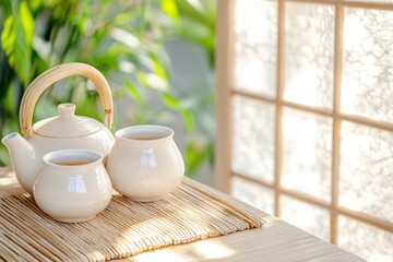 Rustic bamboo tea set with uneven textures placed on a low table illuminated by soft sunlight and surrounded by calm greenery