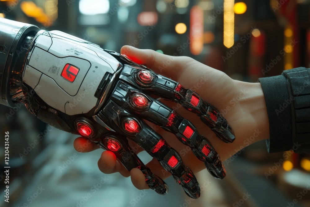 Poster human and robotic hands connect in a futuristic urban setting, symbolizing collaboration and advance