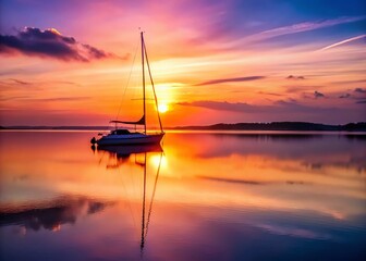 Silhouetted Sailboat at Sunset, Long Exposure Lake Photography