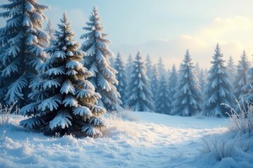 Frosty forest with snow-covered trees and a lone Christmas tree, Nature, Frosty, Evergreen