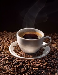 Fototapeta premium Taza de café, sobre una montaña de granos de café arabica tostados.