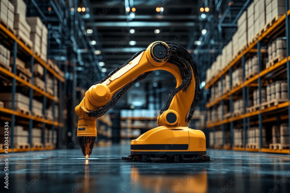 Aufkleber robotic arm working in a modern warehouse filled with storage shelves and packed boxes