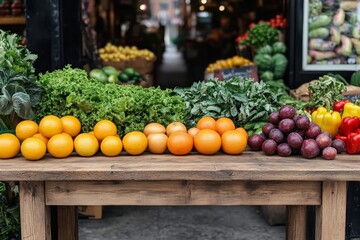 Vibrant display of fresh fruits and vegetables at a local market in a bustling urban setting