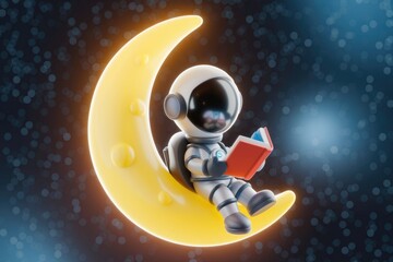 Naklejka premium Cute astronaut reading a book while sitting on a glowing crescent moon in space.