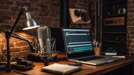 Naklejka premium A home recording studio setup with a microphone, laptop, and desk lamp. Ideal for podcasting, voiceovers, or music production.