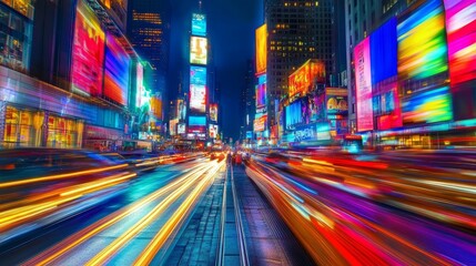 Obraz premium A busy city street with a lot of traffic and neon signs. The neon signs are bright and colorful
