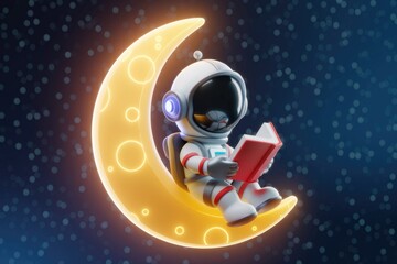 A cute astronaut sits on a glowing crescent moon, engrossed in reading a book.