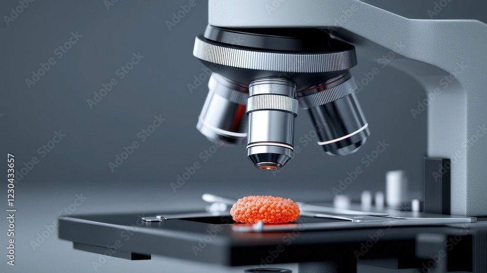 Poster a microscope focuses on a vibrant specimen on a slide, illustrating the precision and detail of scie