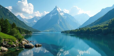 Fototapeta premium Majestic mountain landscape with a serene lake, lake, mountain, tranquility