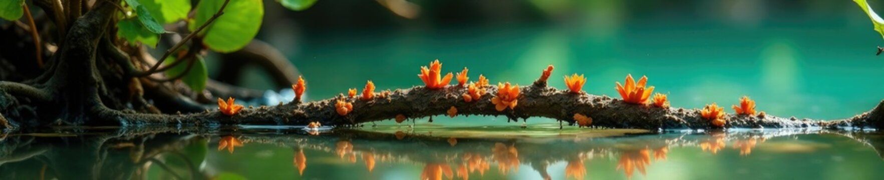 Mangrove propagules on a partially submerged branch, mangrove, water