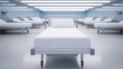 A clean, modern hospital room featuring multiple empty beds, emphasizing a sterile and organized healthcare environment.