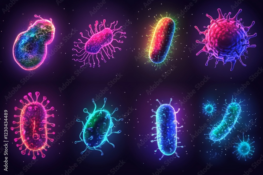 Poster colorful visualization of various bacteria and viruses under microscopic view in a dark background