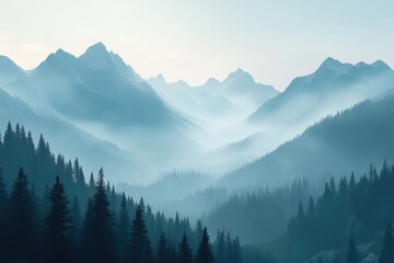 A misty mountain range with layers of peaks fading into the distance