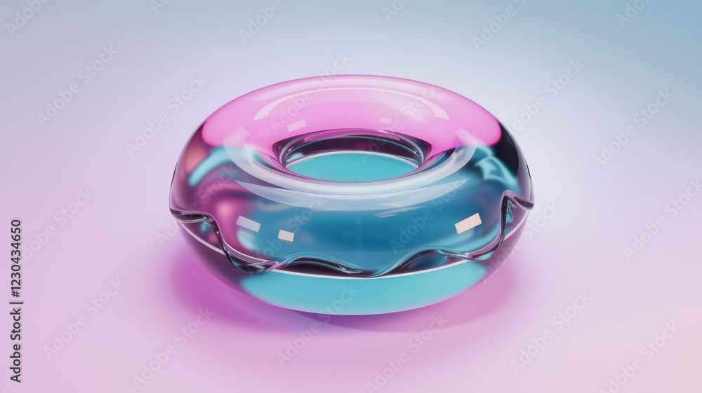 Poster a vibrant, glass donut-shaped object with pink and teal layers, creating an abstract, colorful image