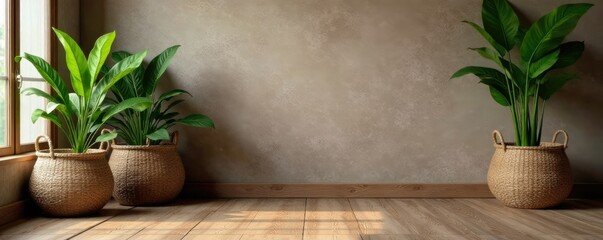 rustic wooden floor with macrame plant holders, earthy tones, rustic wood, woven baskets