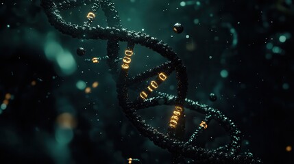Fototapeta premium Dna molecule with glowing lights and helix structure in a dark laboratory setting
