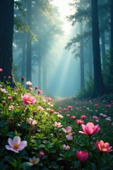 Obraz premium Serene landscape with blooming flowers in a misty forest atmosphere, nature, misty