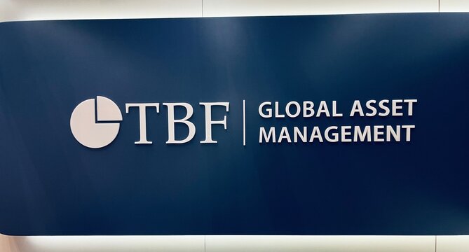 Germany, Mannheim, January 30. 2025 - sign or lettering of TBF Global Asset Management, an independent asset manager with more than EUR 1.2 billion at its disposal