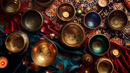A stunning assortment of Tibetan singing bowls displayed elegantly on colorful fabric, enhanced by the warm glow of candles, showcasing their intricate craftsmanship and artistry