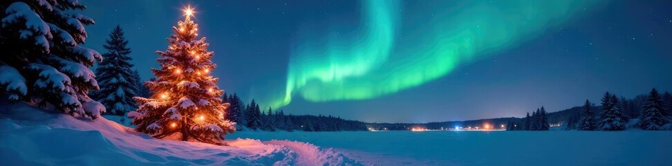 Shimmering aurora borealis surrounds Christmas tree, ambiance, nature