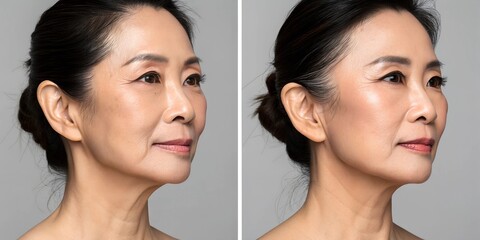 Before and after of an Asian woman picture of a French lifting &ndash; thread lifting for face tightening and skin rejuvenation