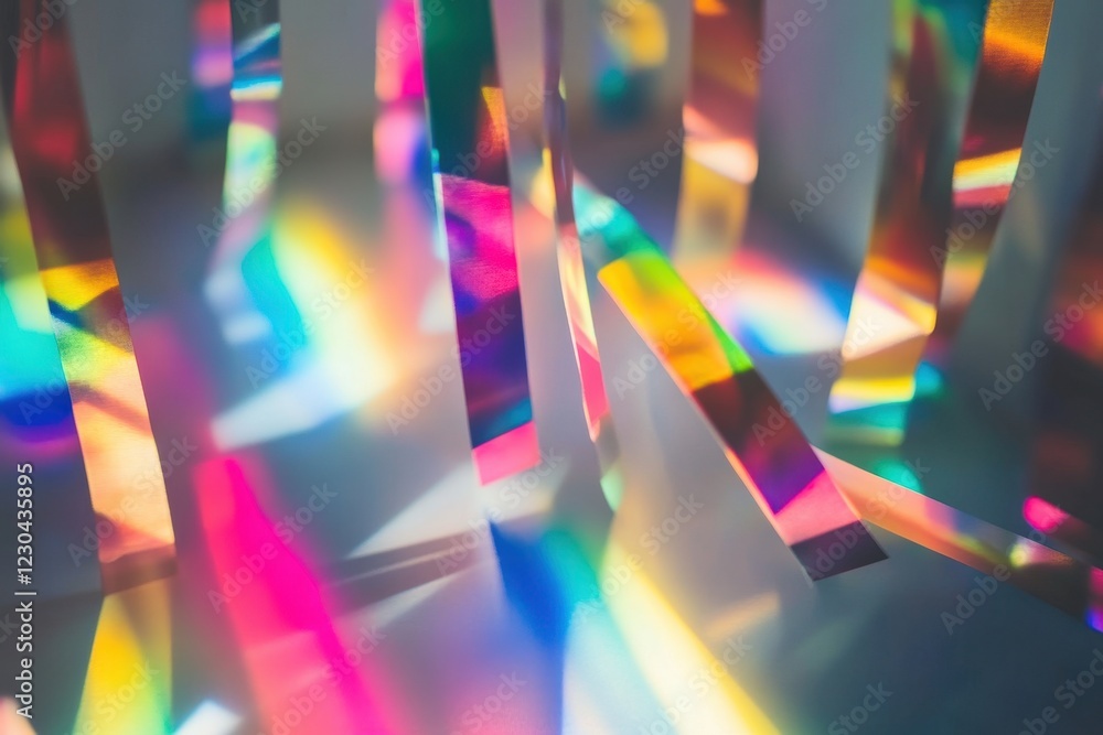 Poster rainbow holographic strips floating in the air with light depth of field . abstract backgrounds,