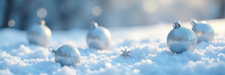 Sparkling silver ornaments scattered on a pristine snowy surface, sparkly snow ornaments, frozen white background