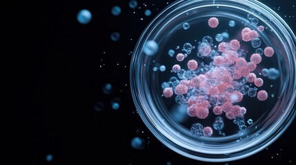 Close up of glowing molecules in a petri dish with black background macro photography