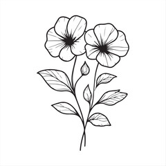 Simple Leafy Flower Line Drawing , Minimalist Botanical vector Illustration on white background 