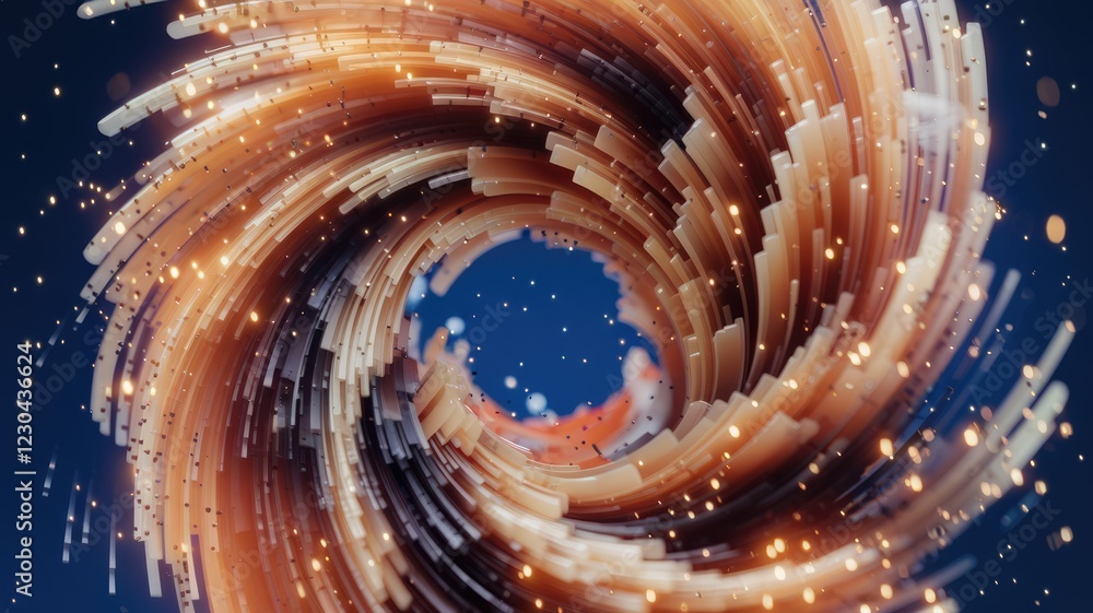 Poster Abstract swirling vortex of glowing lines and particles, creating a dynamic and energetic visual.