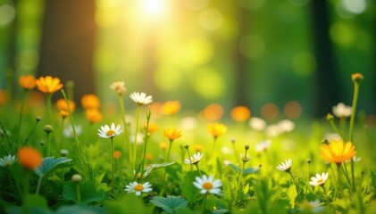 Sunlight filters through flowers in green meadow, landscape, bloom, flowers