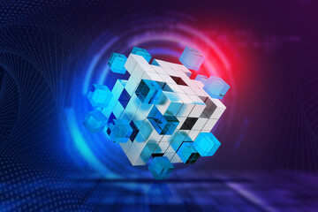 "Futuristic Digital Cube with Data Blocks"