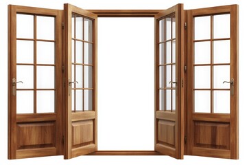Obraz premium Open wooden doors create a welcoming entrance with natural light streaming through in a bright interior setting