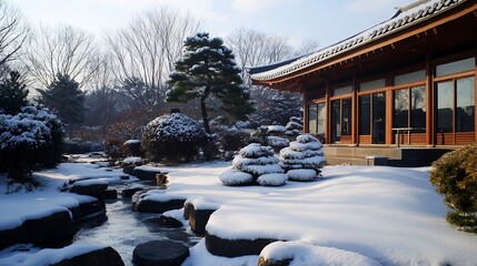 Serene Winter Scene at a Japanese Garden