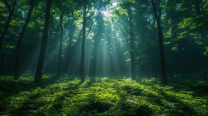 Obraz premium Sunlight filtering through lush forest canopy creating serene woodland atmosphere