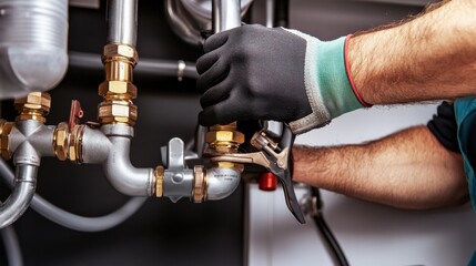 A detailed view of a plumber installing piping in a residential housing project, Residential plumbing scene, Home infrastructure style