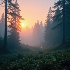 Obraz premium swirling misty fog in forest clearing at dawn, cloud, nature