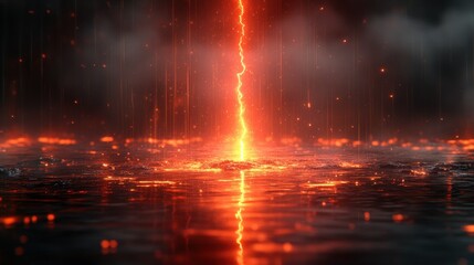 Dramatic red lightning strike over reflective water surface with rain and sparkling highlights