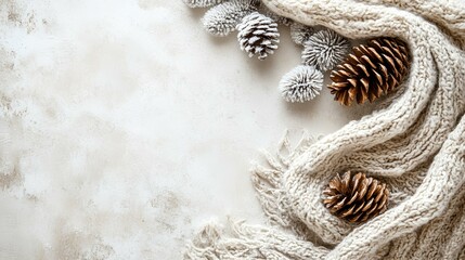 Cozy winter scene Knitted scarf, pine cones on textured background; ideal for holiday greeting cards or blogs