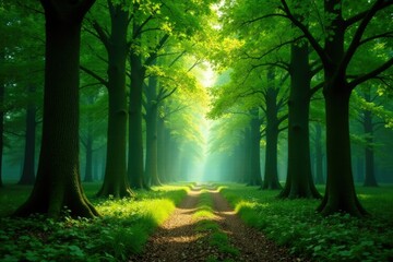 Fototapeta premium A calm and quiet forest with tall trees and dappled light, nature scenery, tree foliage, dappled light