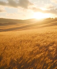 Obraz premium Sunlit wheat field with golden textures swaying in the wind.