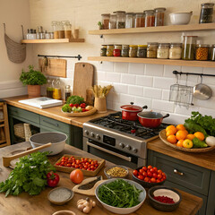 kitchen with ingredients and tools