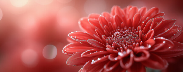 Close-up of dew-kissed red gerbera daisy with soft bokeh background