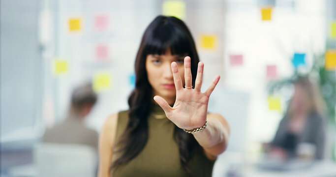 Stop, hand and business woman in office for rejection, refuse and defend in workplace. Creative company, profession and person with emoji, body language and sign for self defense, warning and protest