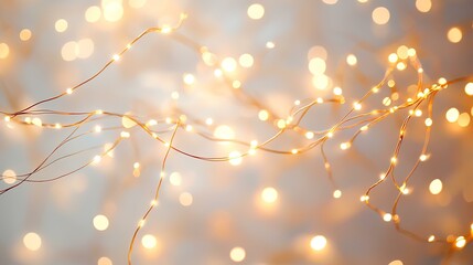 Festive golden lights twinkle on a soft gray background, ideal for holiday cards or website banners
