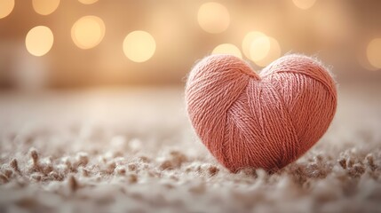Pink yarn heart on carpet, bokeh lights background; romantic, Valentine's Day, love concept