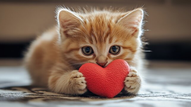 Adorable kitten holding red heart symbolizing love and affection