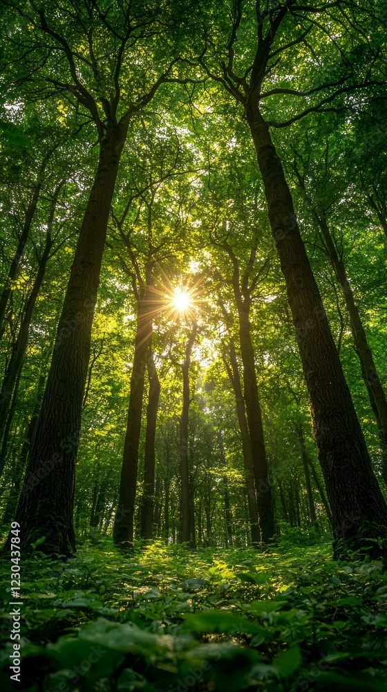 Poster Sunlight streams through the tall trees in a vibrant summer forest, creating a magical atmosphere filled with lush greenery and a sense of tranquility. Nature thrives in this serene landscape