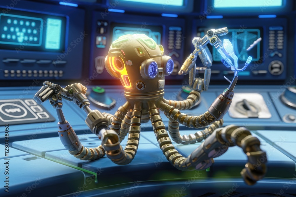 Poster a robotic octopus operates advanced machinery in a futuristic control room, showcasing technological